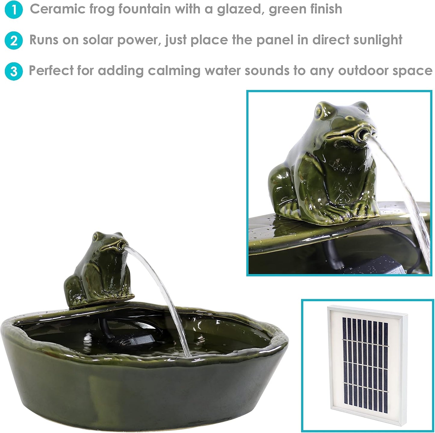 Sunnydaze Ceramic Solar-Powered Water Fountain - Green Glaze - Low-Voltage Submersible Pump with Filter - Frog