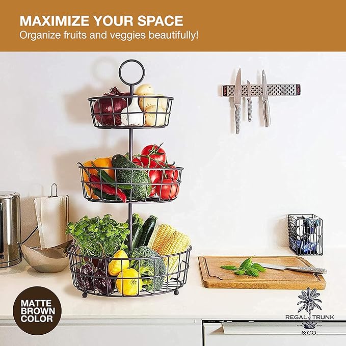 REGAL TRUNK & CO. 3 Tier Fruit Basket, Elegant French Country Wire Baskets, Three Tiered Wire Basket Stand for Vegetables, Bread & More for Countertop or Hanging, Christmas or Birthday Present