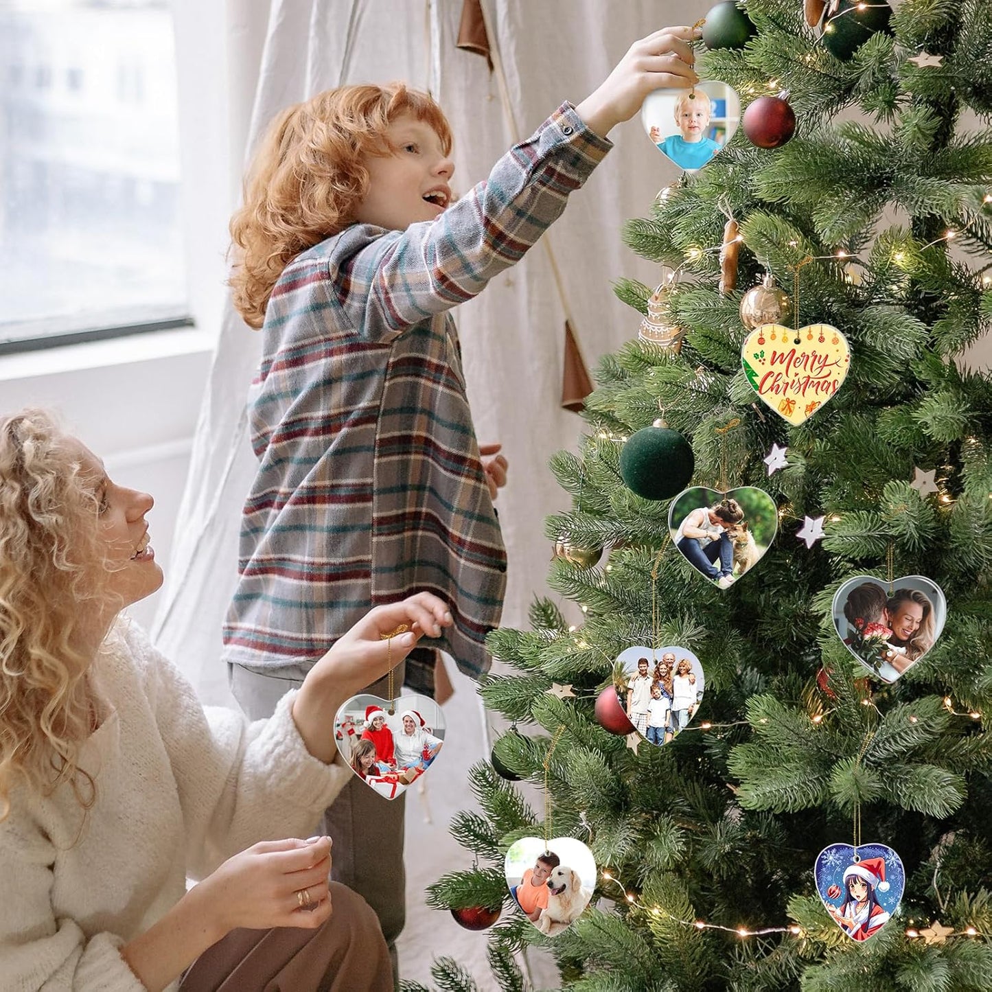 Personalized Christmas Ornaments 2025, Double-Side Custom Christmas Ornament, Heart Ceramic Photo Ornament Christmas Tree Decorations for Kids, Mom, Dad, Family, Loved One