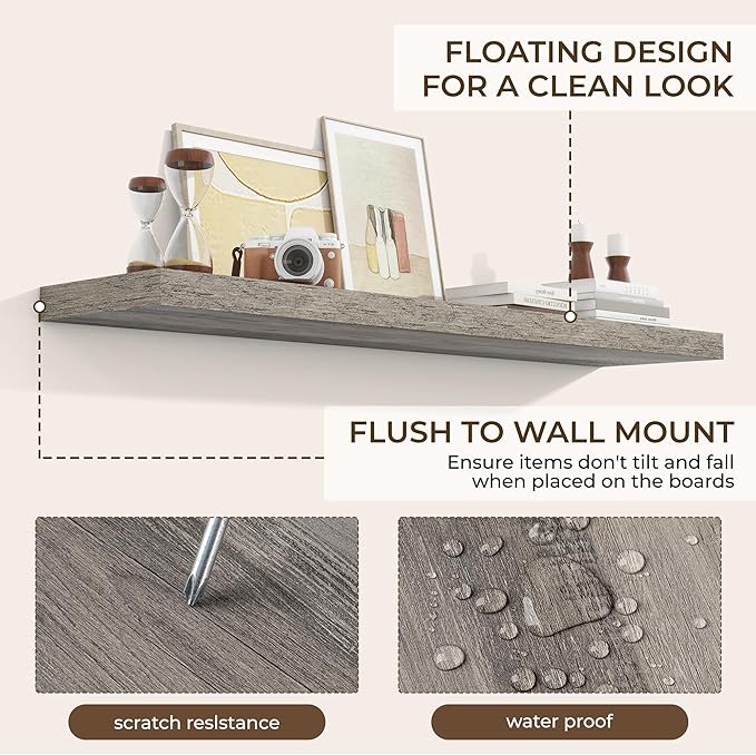 RICHFOCUS 55Inch Floating Shelves for Wall 1 Pack Shelves for Bedroom|Kitchen|Bathroom Wall Mounted Rustic Wood Floating Shelf with Invisible Brackets for Books|Storage|Decor, Grey