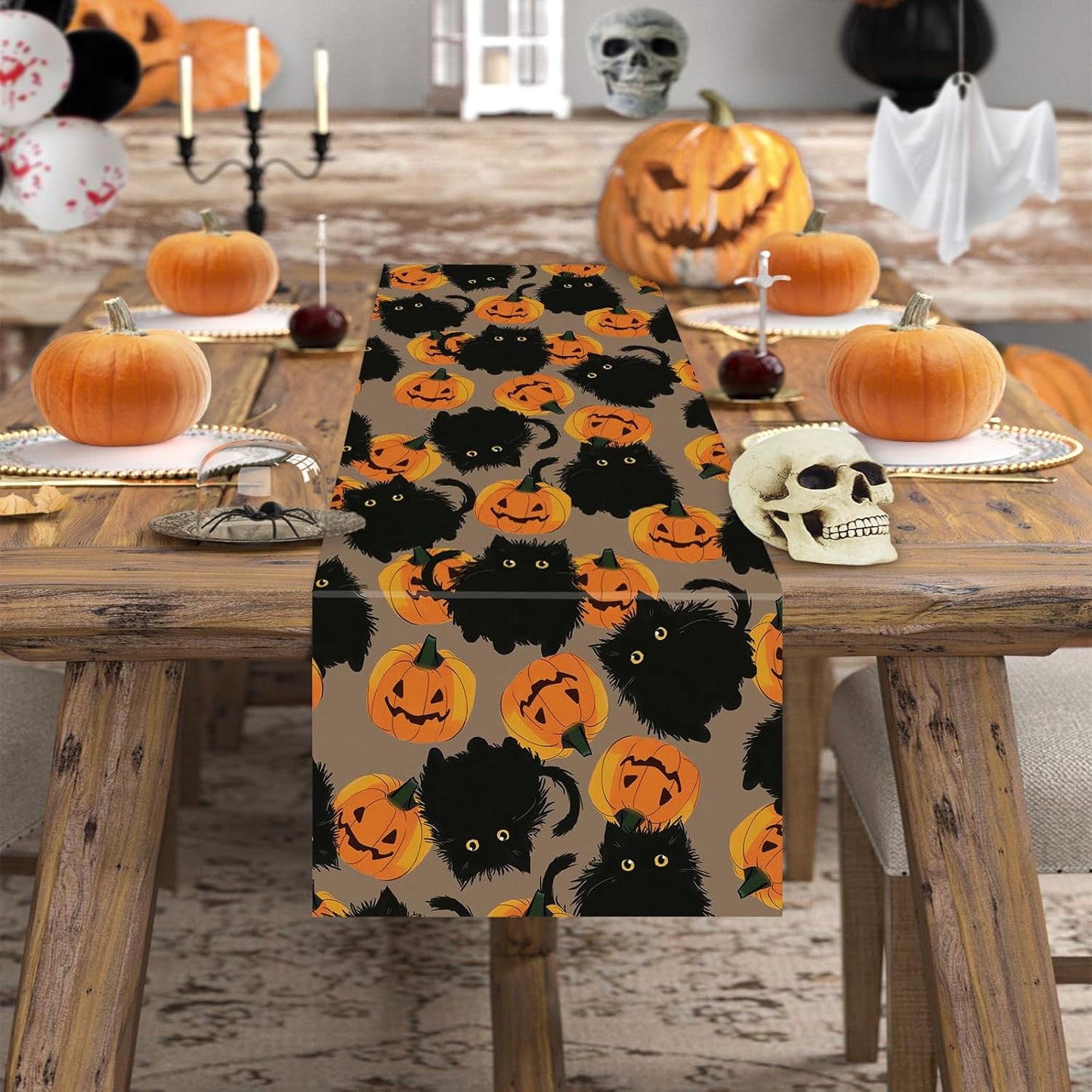 Halloween Table Runner Black Cat Pumpkins Seasonal Kitchen Dining Table Home Outdoor Party Decorations 13x108 Inch