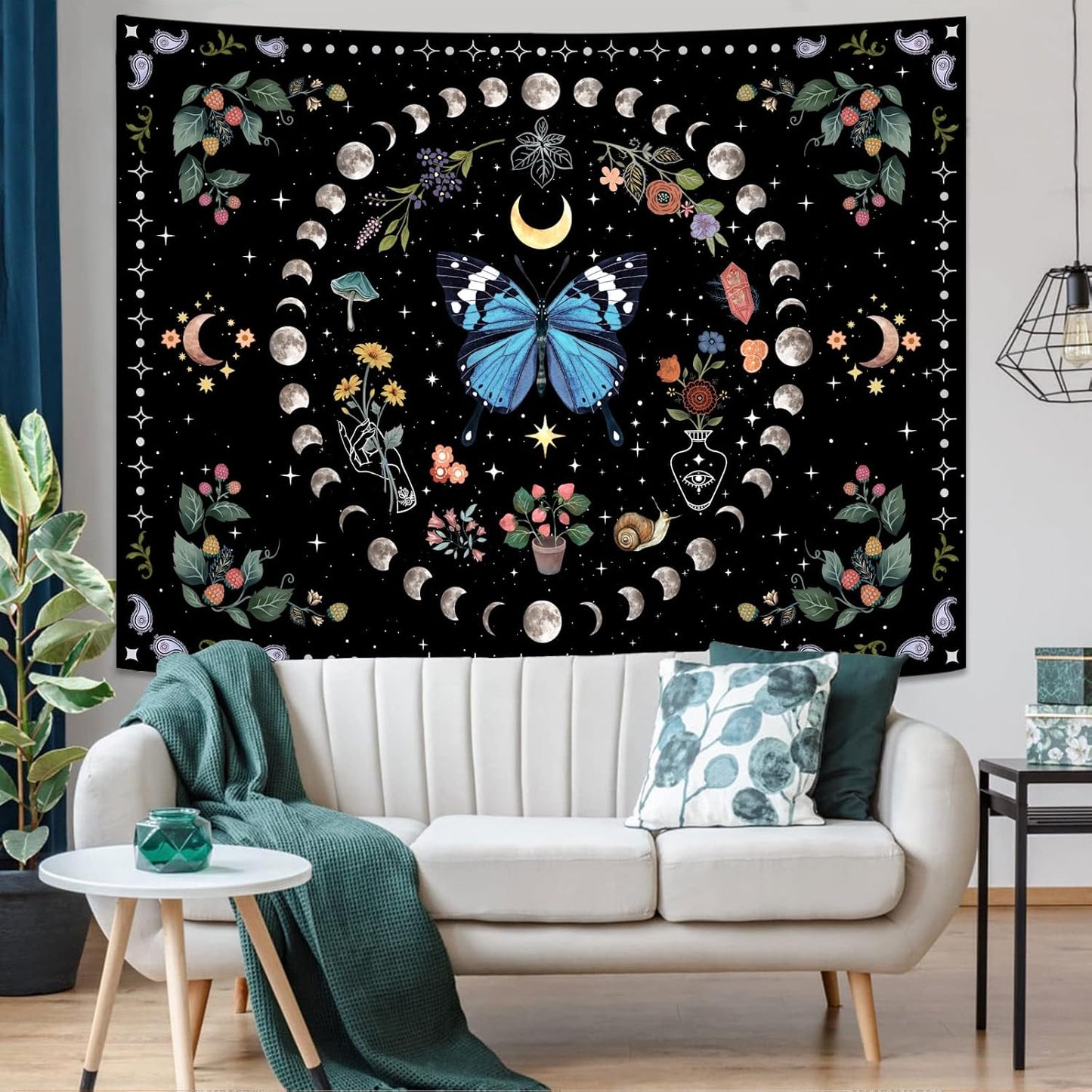 Aipon Blue Butterfly Moon Flower Boho Floral Tapestry for Bedroom & Living Room (60.00'' 80.00'', Blue)