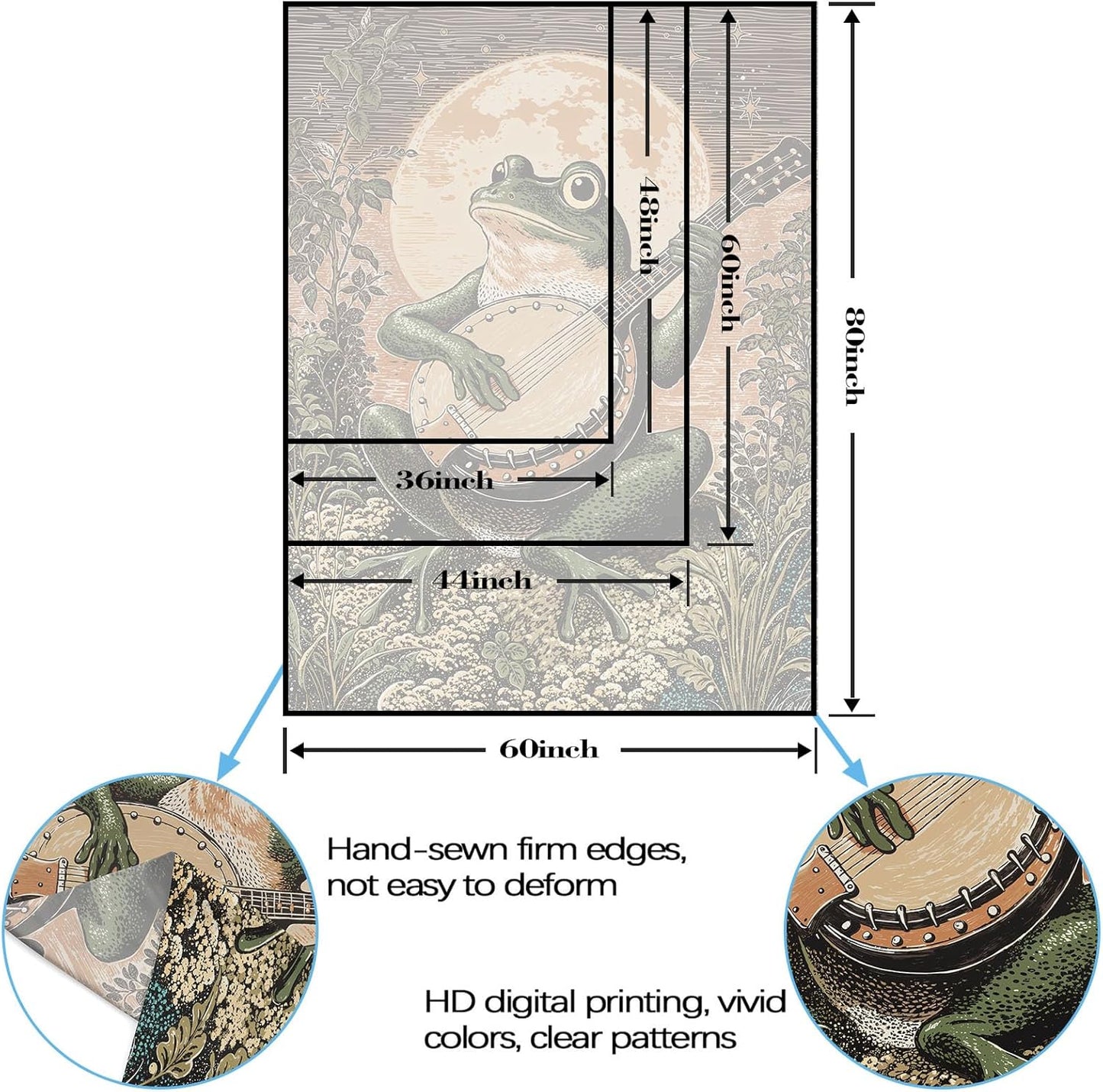 Lunerfex Moonlit Banjo Frog Wall Tapestry, Whimsical Amphibian Musician Tapestries for Room Decor, Folk Art Tapestry 44L x 60W