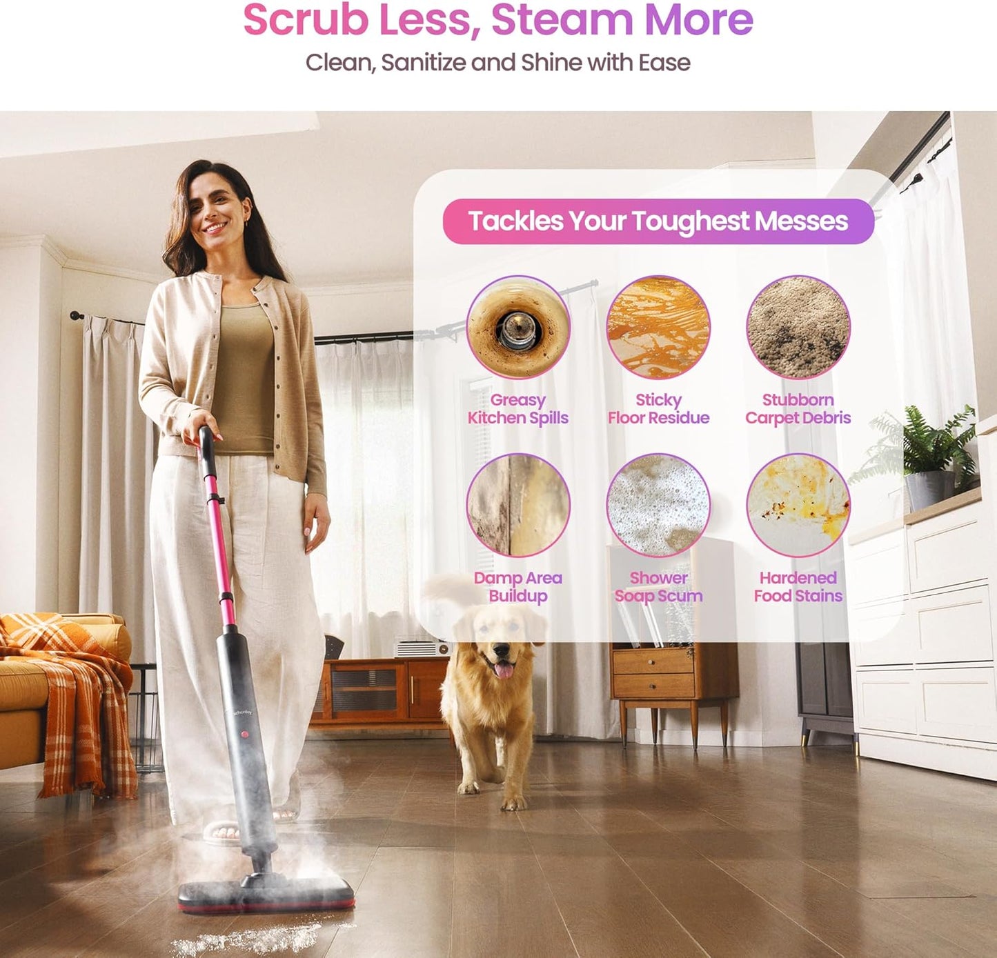 Schenley Steam Mop Cleaner Powerful - 15s Fast Heat-Up, Chemical-Free for Hardwood/Tile/Laminate & Floors/Walls, Washable Pads, 3 Modes for Carpet, Lightweight, Self-Standing, Sleek Design