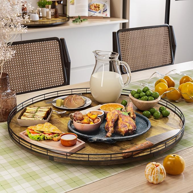 Lazy Susan Turntable Organizer for Table Top, 24’’ Round Wooden Lazy Susan for Cabinet Kitchen Countertop Pantry Dining Coffee Table for Condiments Spices, Rustic Bathroom Vanity Tray for Soap Candle