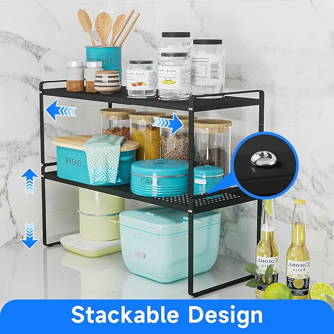 Expandable Cabinet Shelf Organizers, Kitchen Small Stand Rack Organization for Countertop Cupborad Pantry, Black 3 Pack