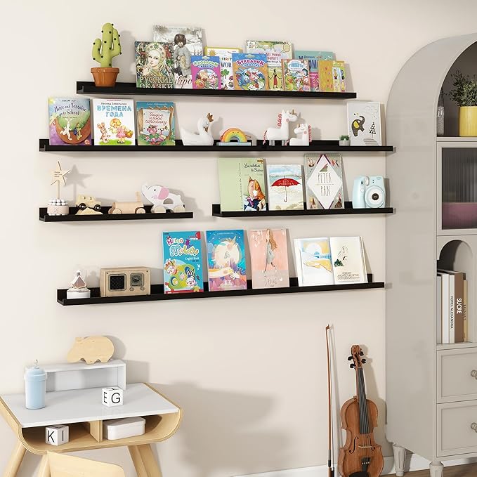 Fun Memories Picture Ledge Shelves Set of 2, 48 Inch Rustic Wall Mounted Floating Shelves with Lip for Home Storage and Décor in Bathroom, Kitchen, Nursery, Bedroom, Living Room, Black