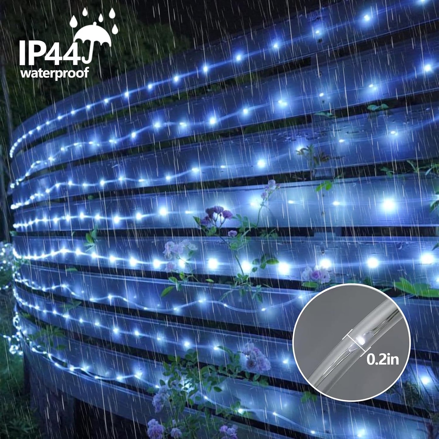 YEGUO 2 Packs Each 33ft 100 LED Solar Rope Lights Outdoor Waterproof, White String Lights for Outside, 8 Modes Fairy Lights in Clear Thin Tube for Camping Fence Patio Garden Trampoline Deck