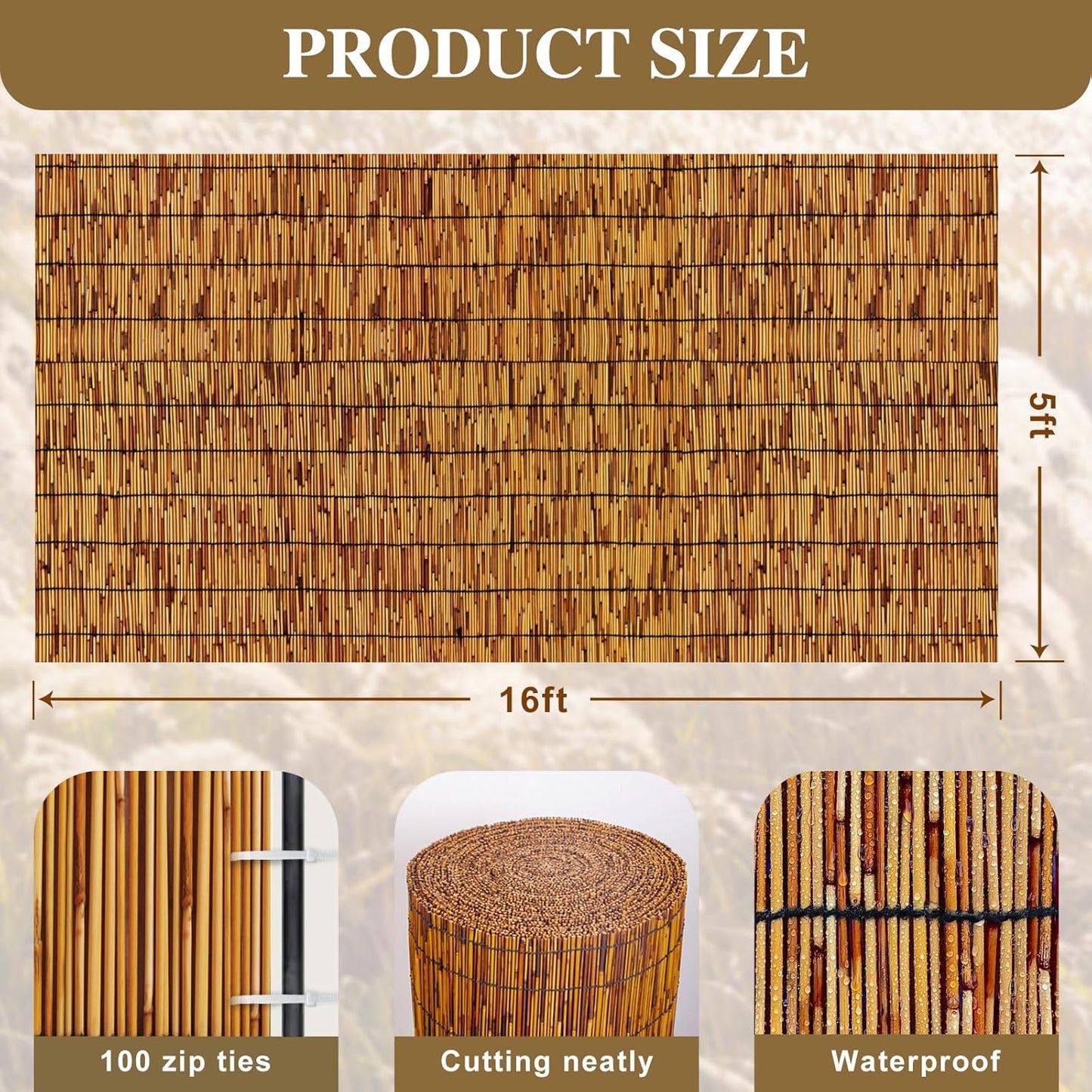 Reed Fencing Rolls,Patio Privacy Screen 5 Feet High,Decorative Bamboo Fence Rolls for Patio Balcony Garden Backyard Outdoor,5x16FT