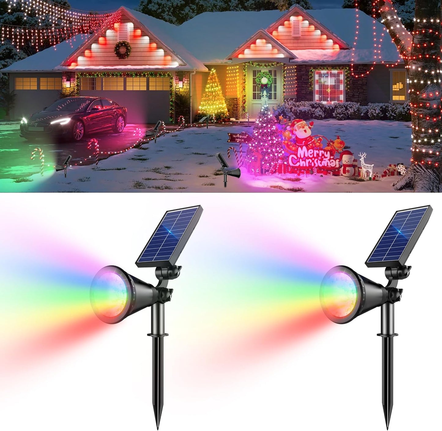 Solar Color Changing Lights, 2 Modes Solar Spotlights Outdoor Waterproof Ip65, Outdoor Lights for Outside Yard Garden Landscape Pathway Tree Decorations- 2 Pack (Multicolor)