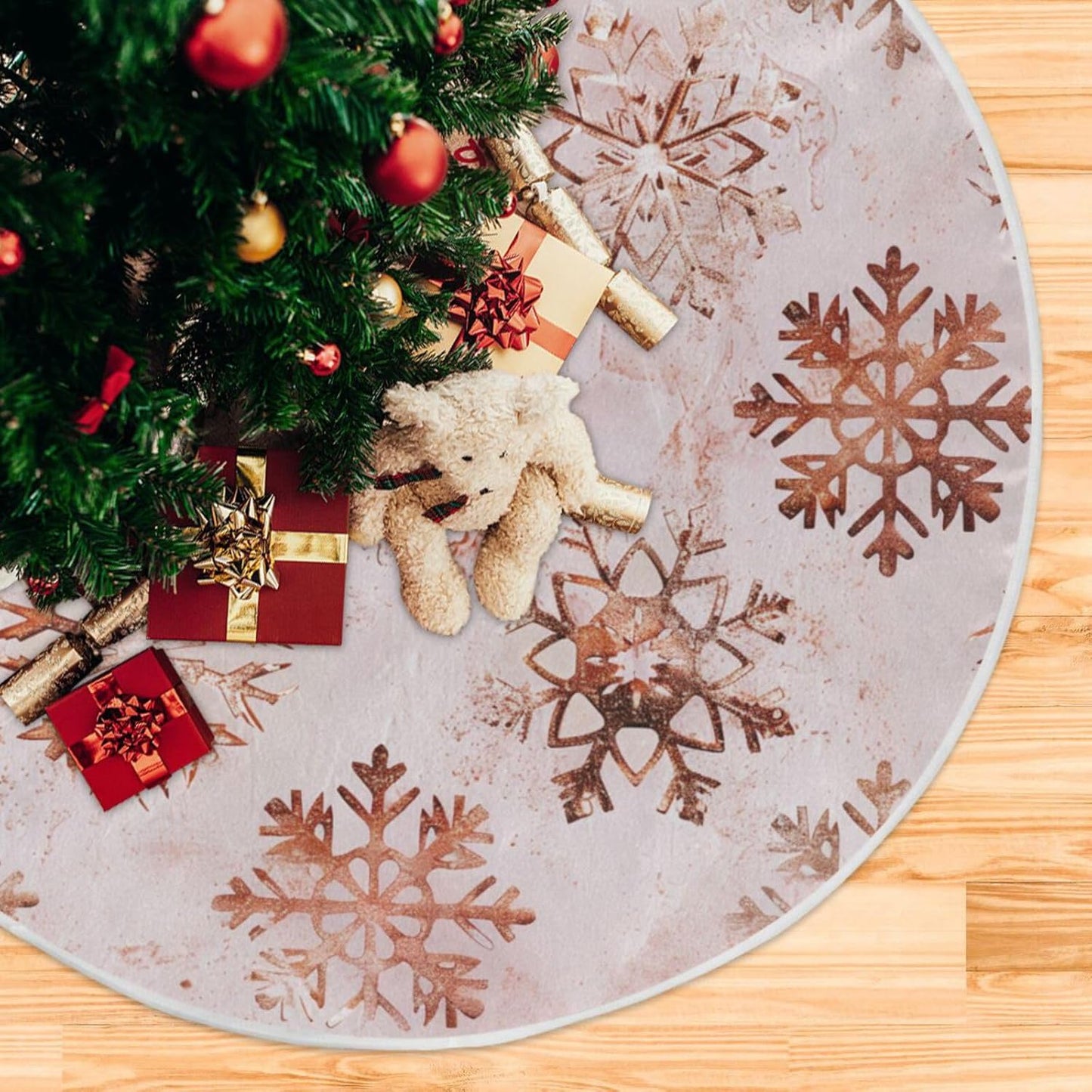 Christmas Tree Skirt, 36 Inch Rose Gold Snowflakes Pattern Xmas Tree Skirt for Christmas New Year Party Decorations Christmas Tree Mat