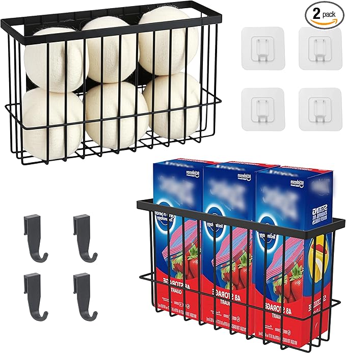 Magnetic Basket for Fridge, Magnetic Basket, Foil and Plastic Wrap Organizer with 4 Caddy Adhesive Stickers, Cabinet Storage Basket for Kitchen Wrap Food Bag Storage, Black, 2 Pack