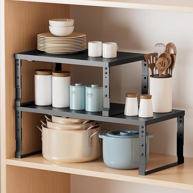Metal Stackable Expandable Storage Shelf - Multi-Functional Home Storage Shelf, Suitable for Kitchen, Cabinet，Bathroom, Office, Garage, etc.（1PACK/Black/Medium