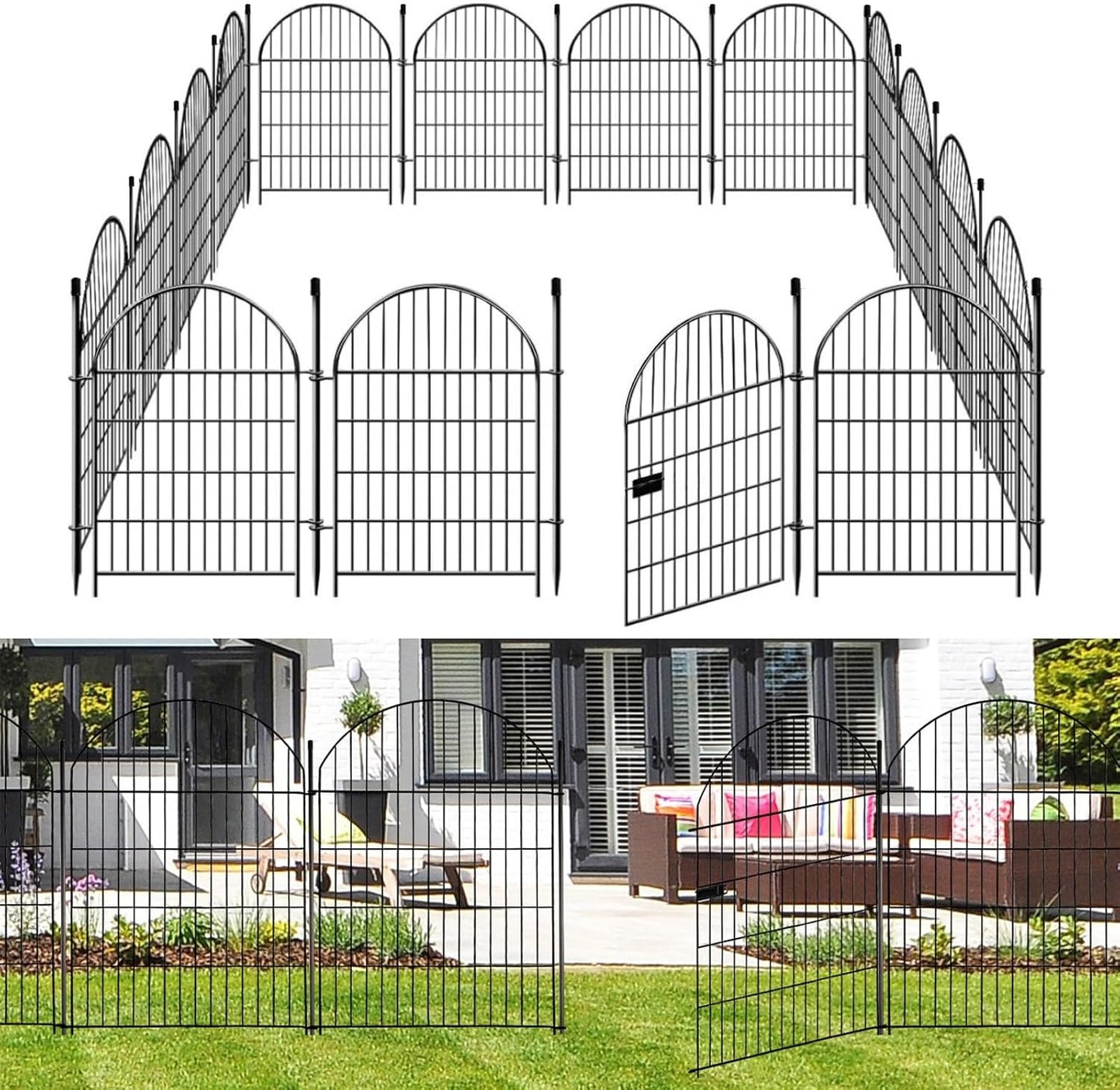 Tall Garden Fence Animal Barrier with Gate,36 in(H) 14 Panels Garden Fences Total 32ft(L) No Dig Temporary Dog Fence for Outdoor Yard, Rustproof Metal Wire Tall Decorative Fencing