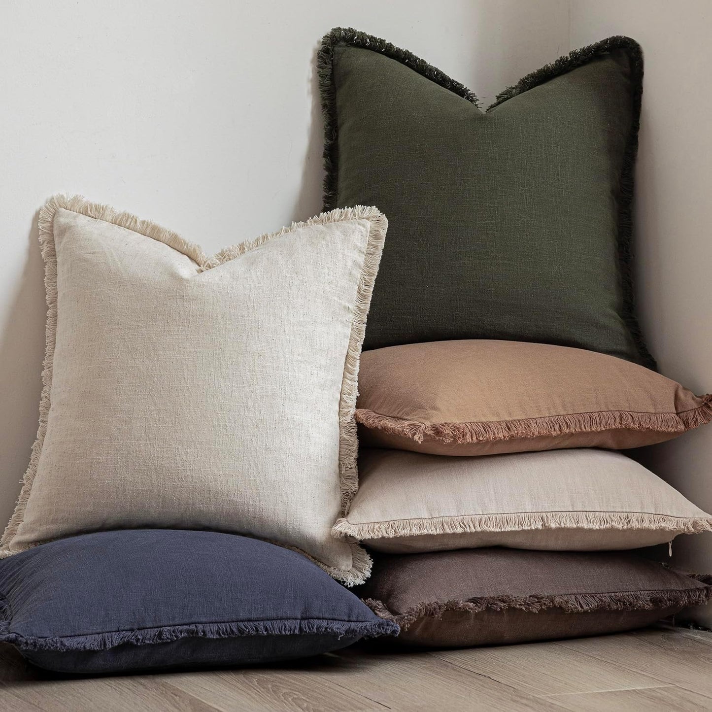 Foindtower Set of 2 Decorative Linen Fringe Throw Pillow Covers Boho Farmhouse Cushion Cover with Tassels Soft Accent Pillowcase for Couch Sofa Bed Living Room Home Decor,26×26 Inch,Dark Olive Green