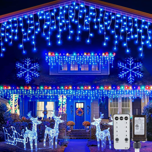 Brightown Blue Icicle Lights, 66Ft 736 LED Outdoor with 138 Drops, 8 Modes Remote and Timer for Halloween, Hanukkah