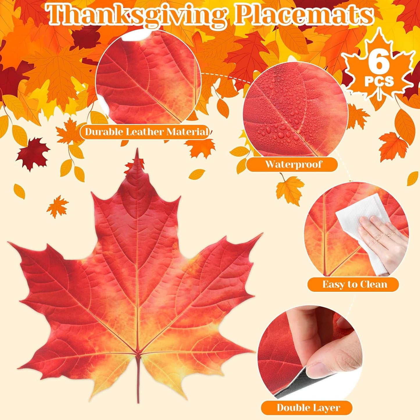 Remerry 6 Pcs Thanksgiving Leather Table Placemats Washable Maple Place Mats Maple Leather Dinner Mats Easy to Clean Autumn Harvest Placemats for Fall Dining Party Holiday Kitchen Seasonal Decoration