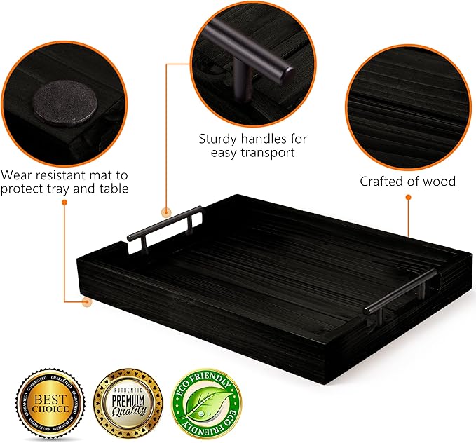 Ottoman Serving Tray | Decorative Coffee Table Tray with Handles – 17x13 Inch Wooden Tray with 4 Coasters for Breakfast, Kitchen & Bar