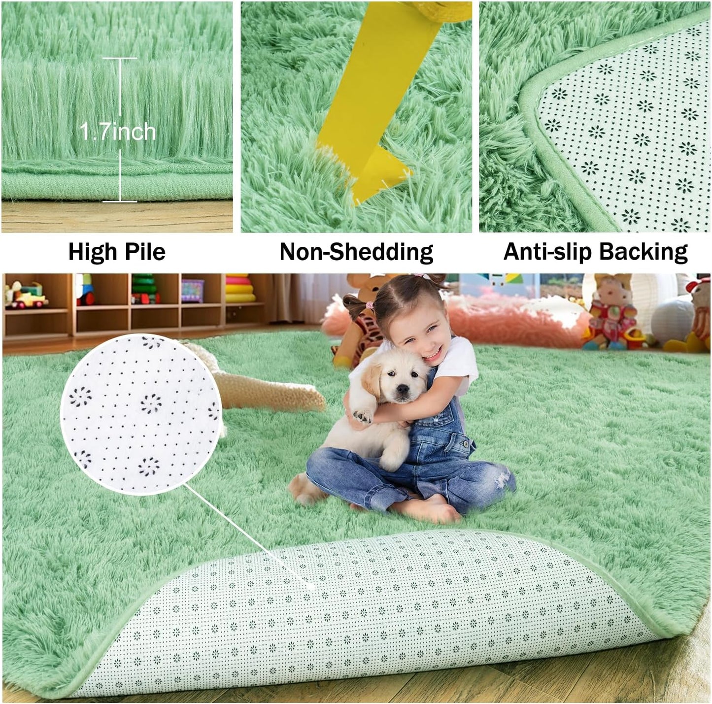 Rezutan Fluffy Rug for Living Room Bedroom, Large Comfy Modern Shaggy Fuzzy Kids, Plush Indoor Nursery Classroom Home Decor Bedside Rug with Non-Slip Bottom, Sage Green, 5X7 Feet