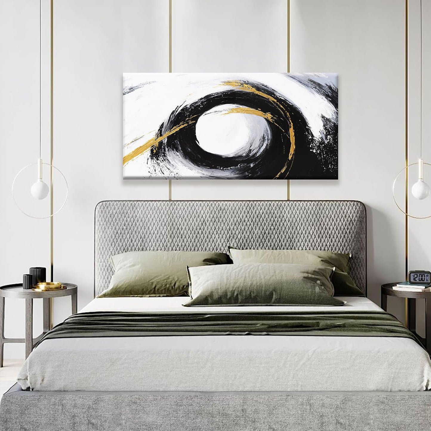 QSQ Abstract Wall Art Black And Gold Wall Art Modern Canvas Art Wall Decor Painting Artwork White Abstract Art Prints Pictures For Bedroom Office Home Decoration 20" X 40"