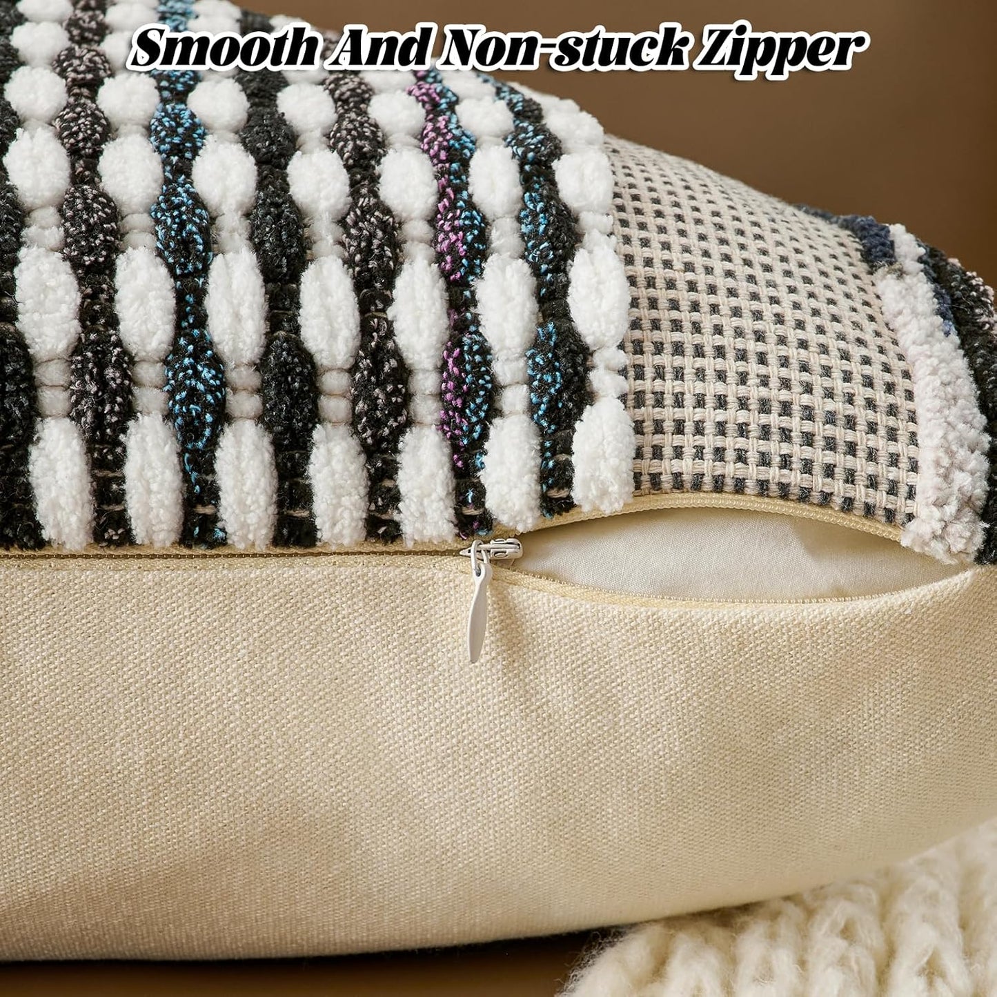 AmHoo Set of 2 Chenille Striped Textured Boho Throw Pillow Covers Aesthetic with Tassels Woven Decorative Pillow Case for Couch Bed Sofa Bedroom Modern Funky 18 x 18-Inch Black Multicolor