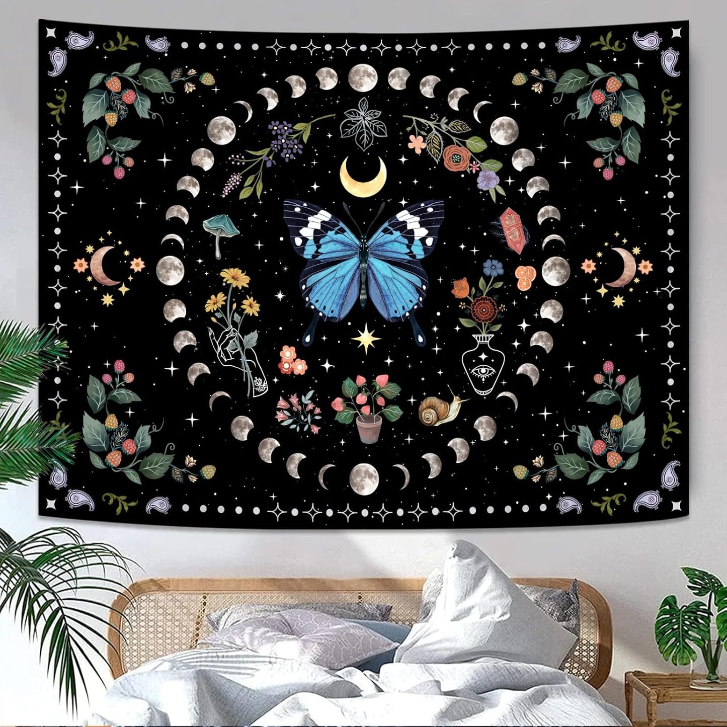 Aipon Blue Butterfly Moon Flower Boho Floral Tapestry for Bedroom & Living Room (60.00'' 80.00'', Blue)