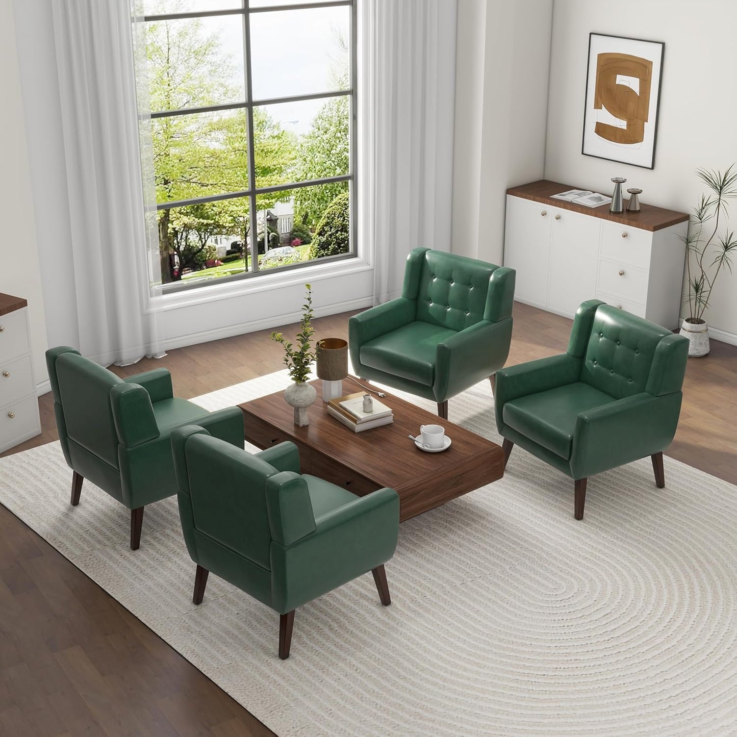 UIXE Faux Leather Accent Chairs Set of 4, Modern Arm Club Chair Upholstered Armchair for Living Room, Comfy Single Sofa Seats Button Tufted Reading Seating, Green