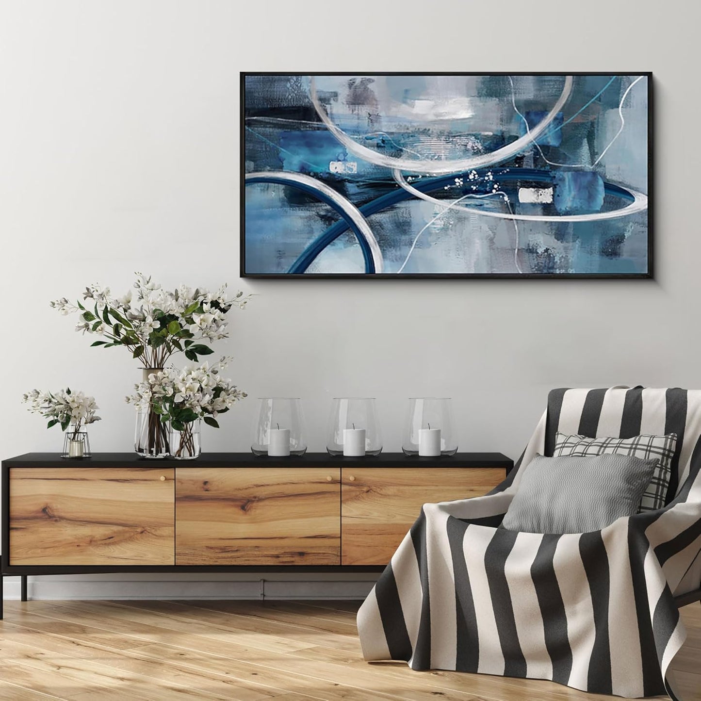 XLSJERST Abstract Canvas Wall Decor - Modern Living Room Wall Art Elegant Combination of Tones Black and White Gray Background Blue Gradient Picture Size 20x40