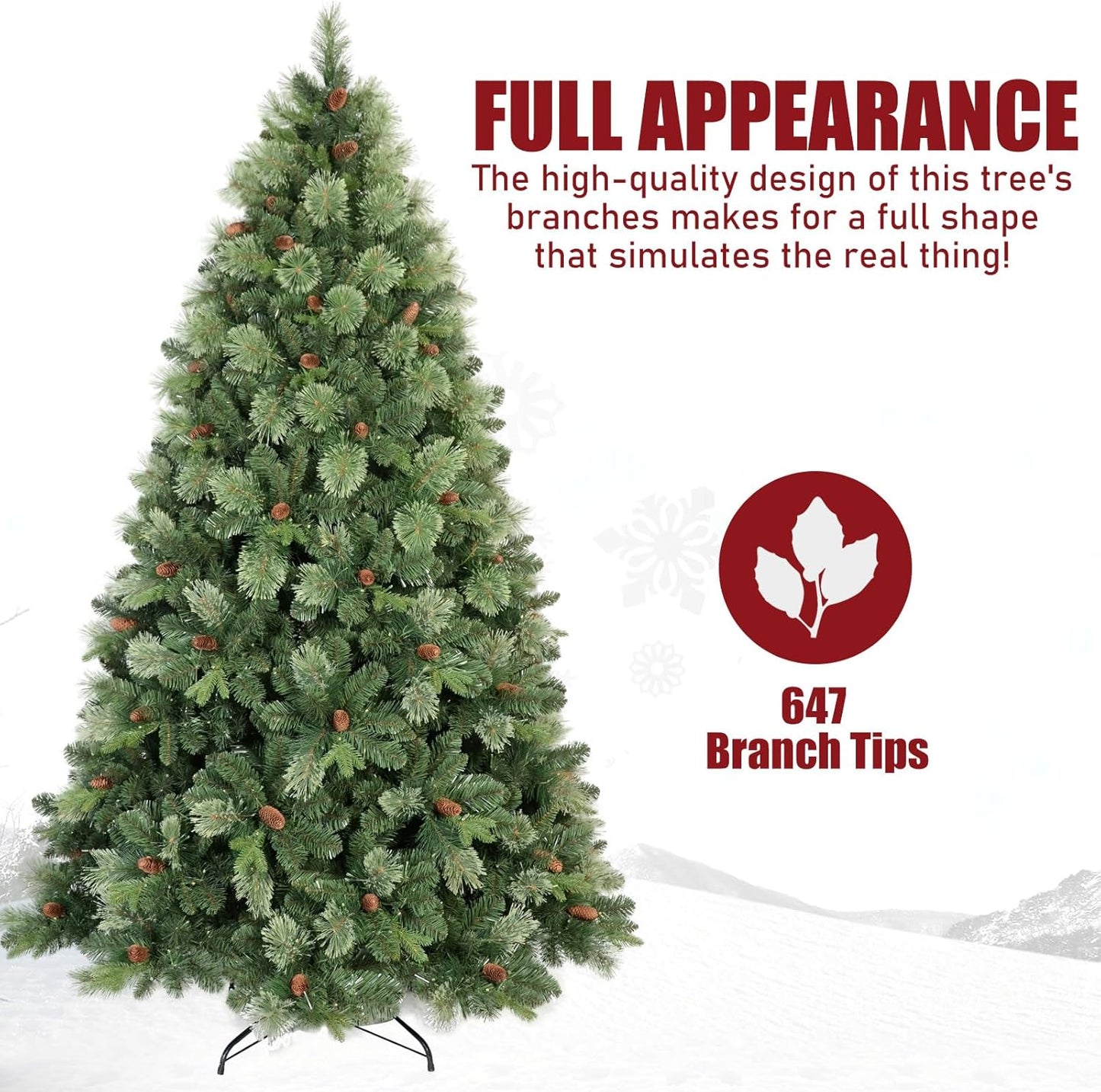 Kadunmina 5ft Artificial Christmas Tree Carolina Pine Tree, Unlit Hinged Premium Xmas Trees with 647 Branch Tips, Pine Cones, Foldable Metal Stand for Home, Office, Holiday Party Decoration