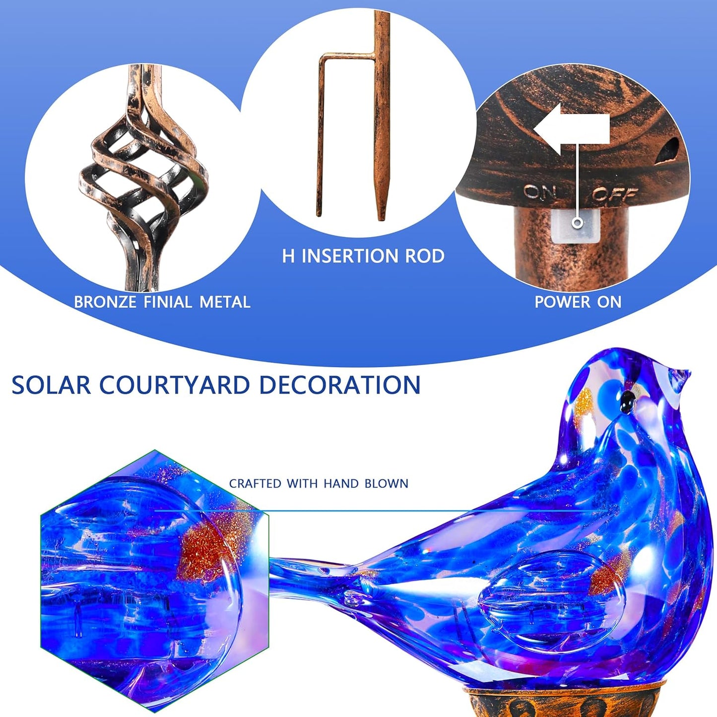 Decorative Solar Lights, Outdoor Solar Bird Stake Lights, Hand Blown Glass Decorative Garden Pathway Lights Outdoor Waterproof Glass Stakes (Dark Blue)