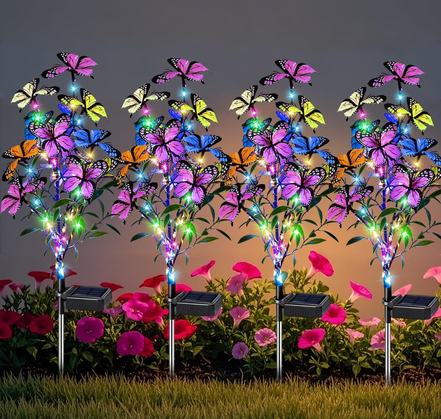 Solar Garden Lights Outdoor Waterproof Garden Decor, 4 Pack Upgraded 240 LED 54 Butterfly Colorful Outdoor Solar Decor for Yard Patio Gifts for Womens Mom (4 Pack Butterfly)