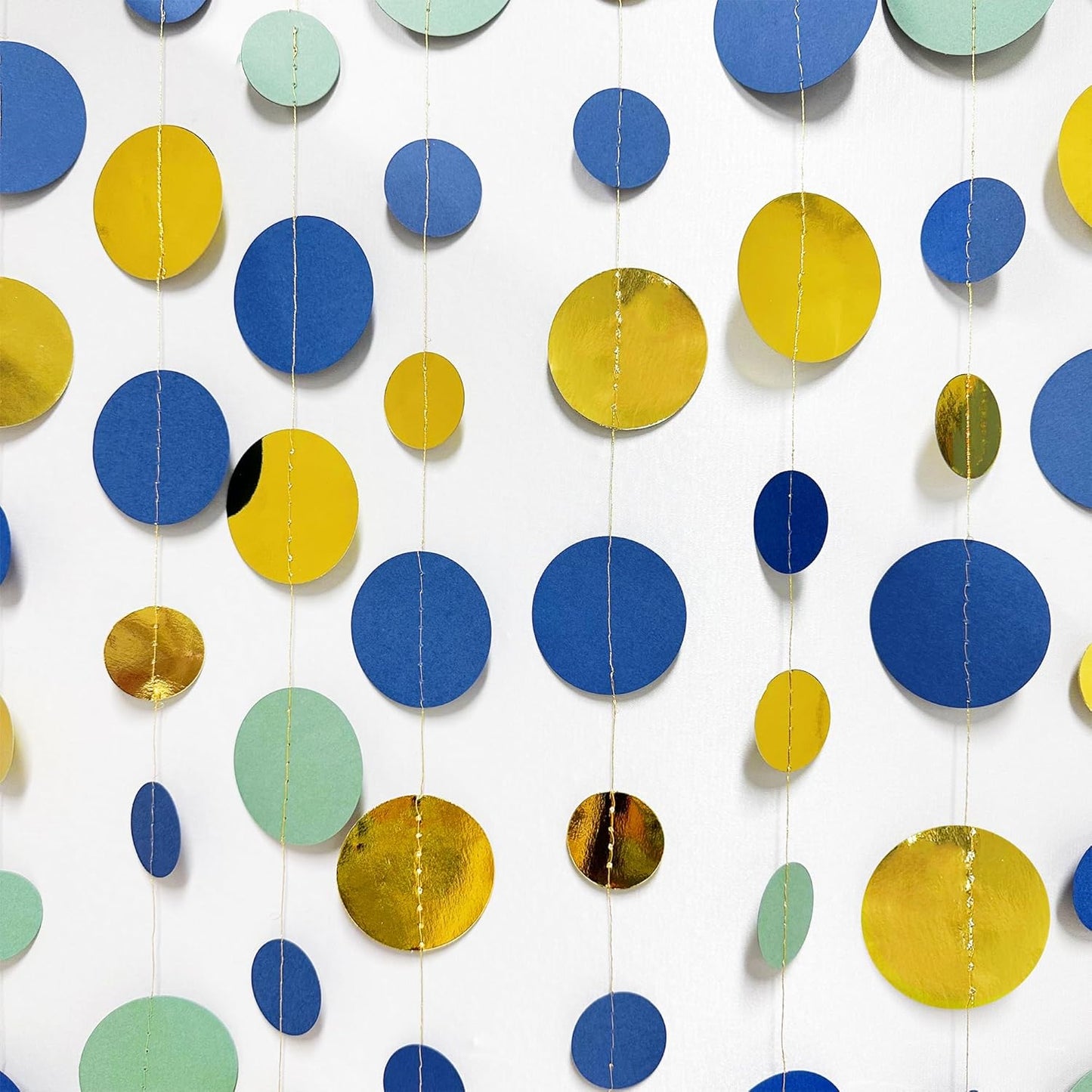 Blue Gold Green Decorations Circle Dots Garland Metallic Gold Navy Blue with Sage Green Hanging Polka Dot Streamer for Birthday Baby Shower Bridal Shower Wedding Bachelorette Engagement Party Supplies