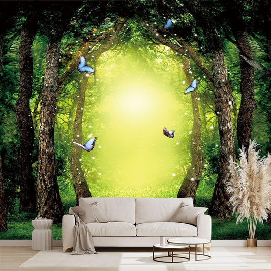 Classy Dream Butterfly Forest Tree Wallpaper for Bedroom Jungle Woodland Wall Mural Living Room Large Woods Adhesive Fabric decorr - 160"x108"（Not Peel and Stick）