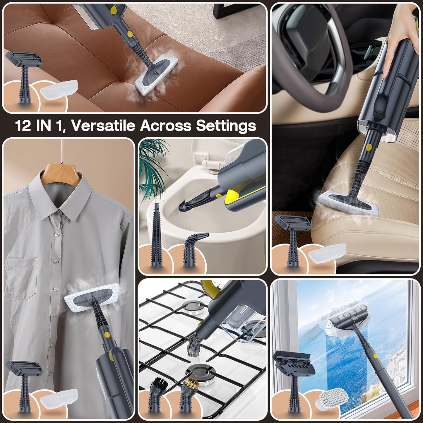 ScrubWiz Steam Mop Cleaner with Detachable Handheld Steamer, 10-in-1 Multi Accessories, Washable Microfiber Pads, 350ml and 2 Adjustable Levels for Cleaning Floor, Carpet, Tiles, and Grout, Gray