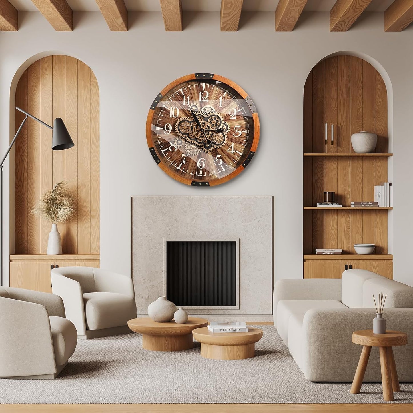 Wall Clocks for Living Room Decor, Large Real Moving Gears Clock, Vintage Industrial Oversized Rustic Farmhouse Kitchen Office Fireplace Wall Decor (Brown, 27 inch)