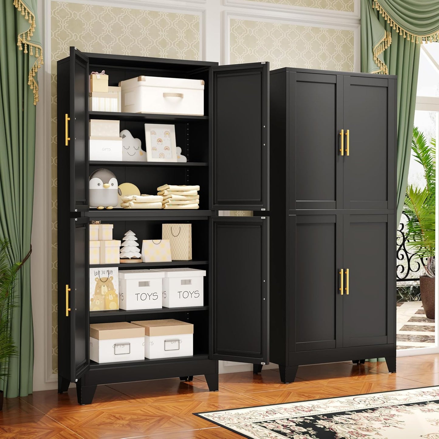 75.2" Tall Metal Pantry Cabinet, Storage Cabinets with 4 Door and 4 Adjustable Shelves, Black Kitchen Pantry Storage Cabinet, Freestanding Cupboard for Kitchen Dining Room Living Room Bathroom