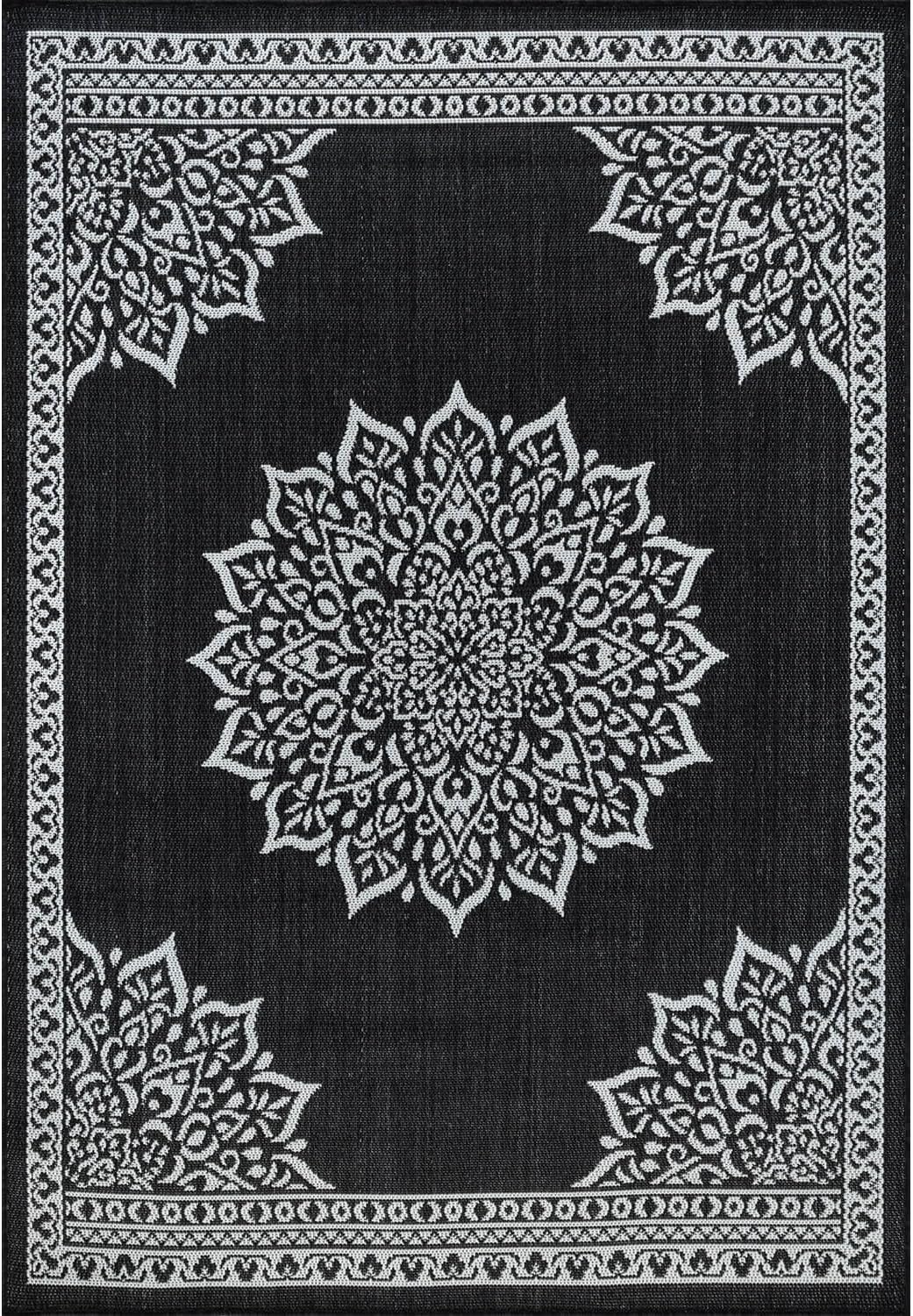 CAMILSON Outdoor Rug, 8x10 Medallion Black White Modern Area Rugs for Indoor and Outdoor Patios, Kitchen and Hallway Mats, Washable Porch Deck Outside Carpet (Medallion Black, 8 x 10)