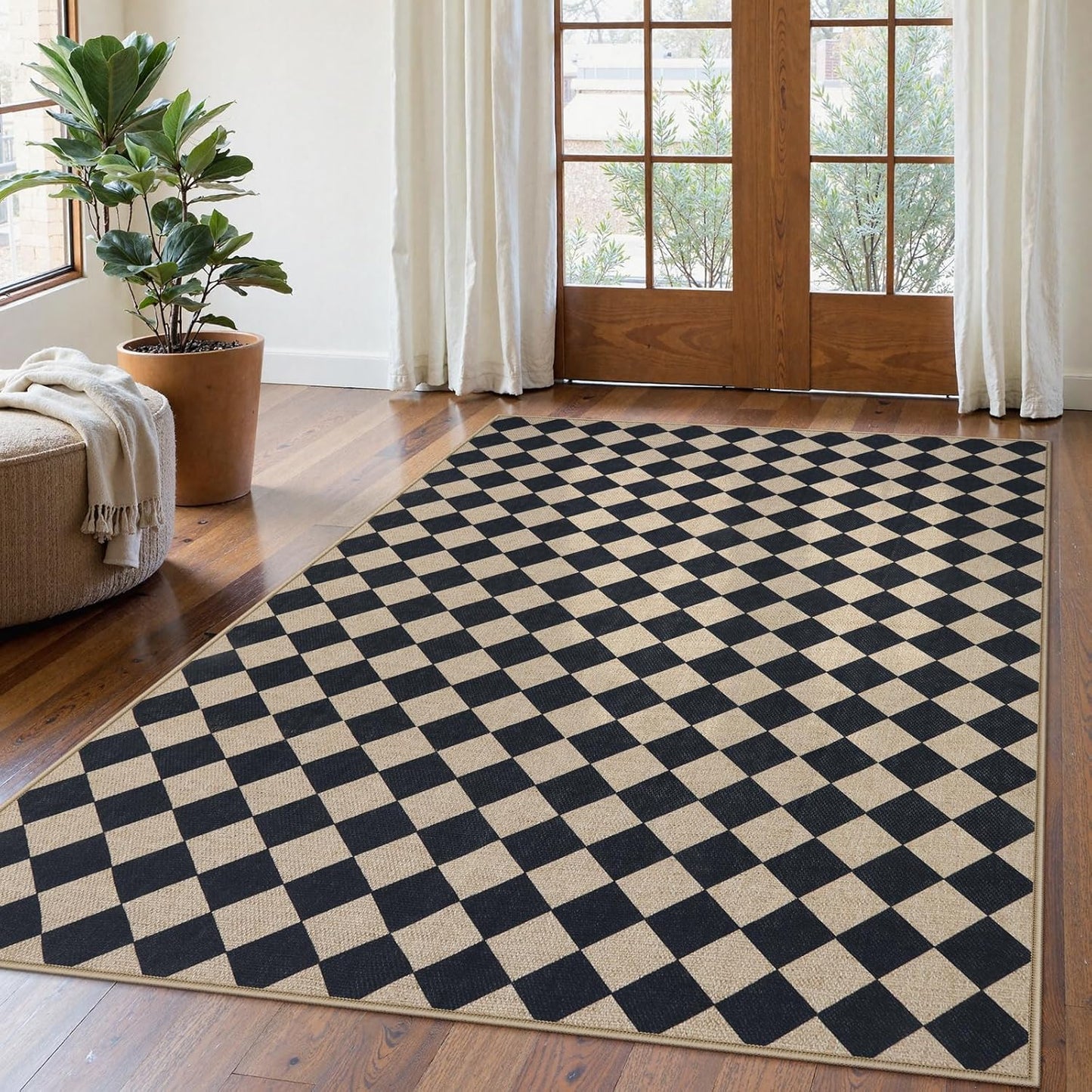 Lahome Checkered Dining Living Room Rug, 5x7 Washable Indoor Outdoor Easy Jute Rug, Farmhouse Neutral Diamond Non Slip Non Shedding Floor Carpet for Sunroom Deck Classroom Office