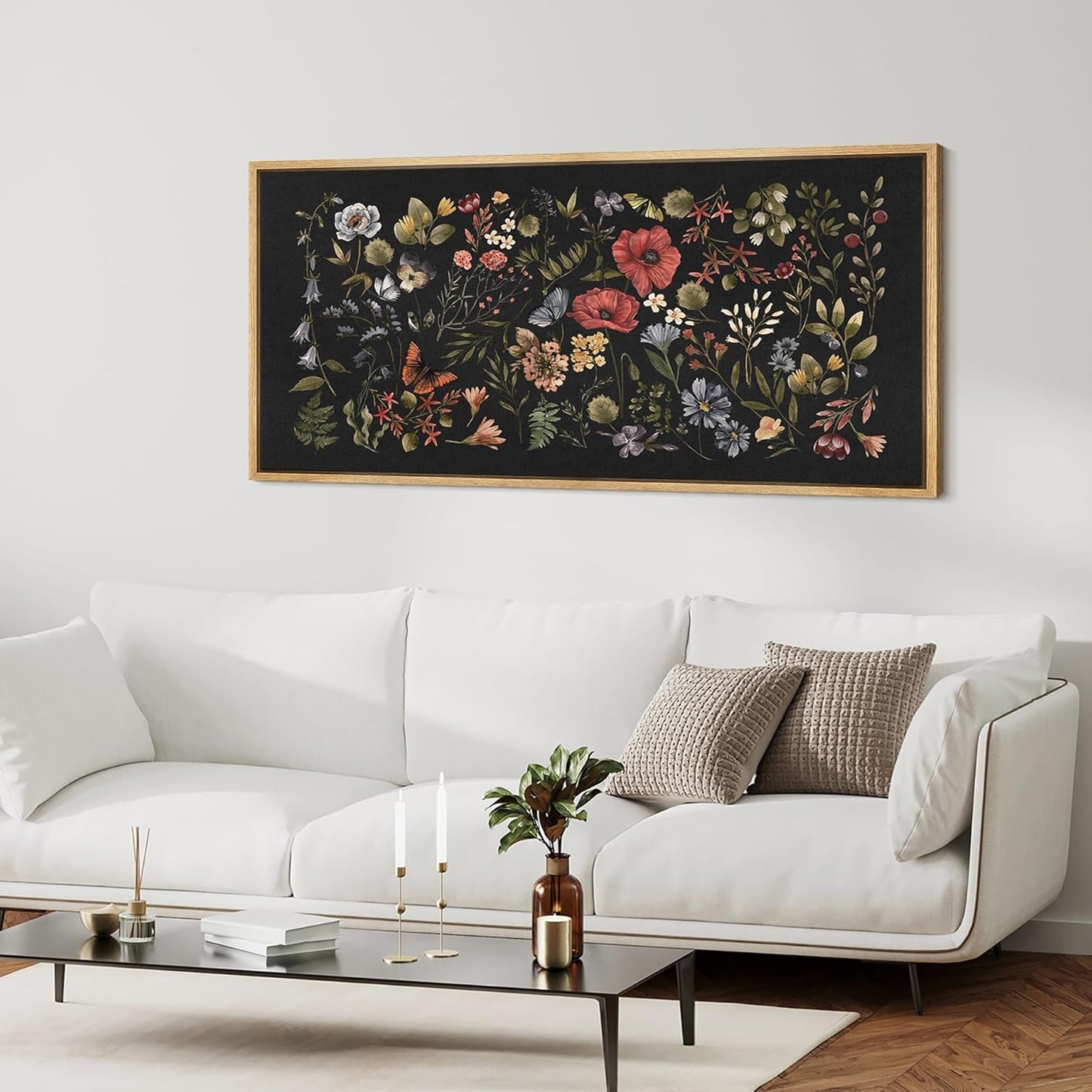MUDECOR Extra Large Framed Canvas Print Wall Art Midnight Garden Vintage Floral Illustrations Antique Retro Fine Art Illustrations Decorative Colorful for Bedroom - 60"x30"