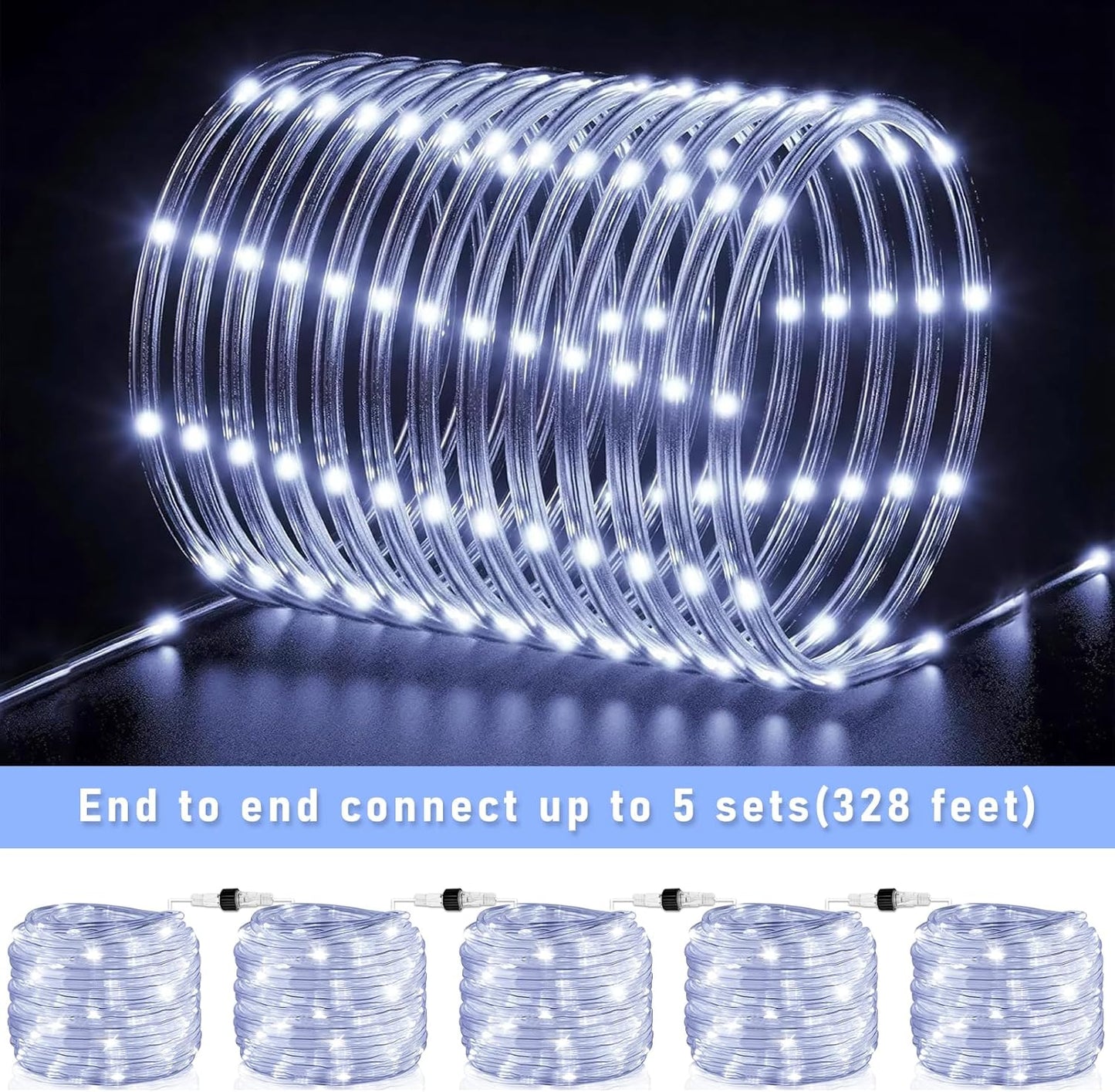 66FT 200 LED Rope Lights for Outside, White Christmas Lights Outdoor Waterproof, 8 Modes Connectable Clear Tube Lights for Indoor Garden, Backyard, Patio, Deck, Pool, Tree Decorations