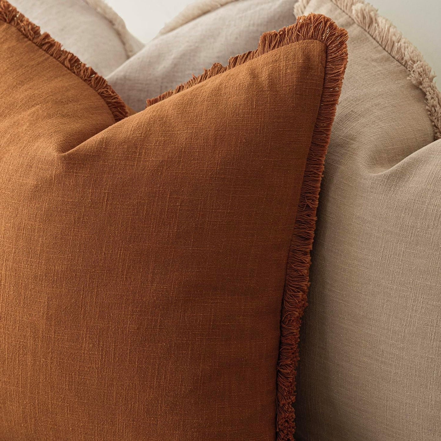 Foindtower Set of 2 Decorative Linen Fringe Throw Pillow Covers Cozy Boho Farmhouse Cushion Cover with Tassels Soft Accent Pillowcase for Couch Sofa Bed Living Room Home Decor, 20×20 Inch, Orange