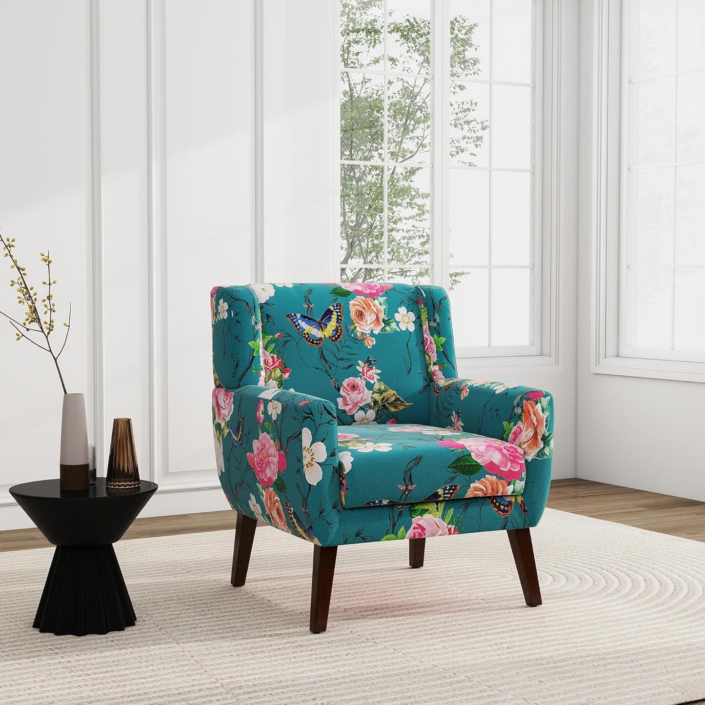 UIXE Floral Accent Chair, Modern Upholstered Armchair in Fabric for Living Room, Comfy Club Arm Chairs Single Sofa Button Tufted Bedroom Reading Seat - Pattern Blue, Set of 1