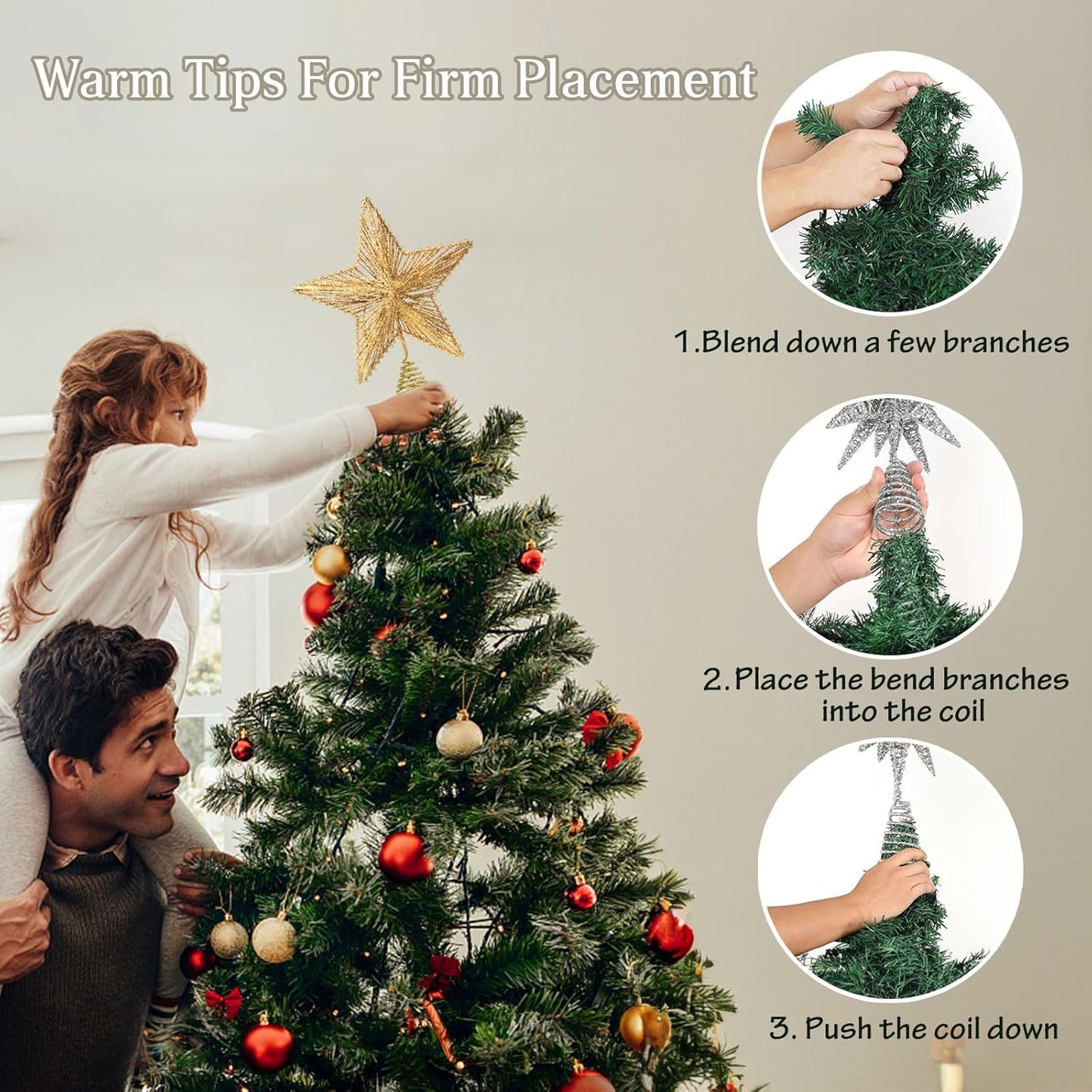 Christmas Tree Topper Star Gold, Christmas Tree Toppers with 50 Warm White LED Lights, Tradition Tree Topper Star for Home Holiday Xmas Tree Christmas Decor, Glitter Gold