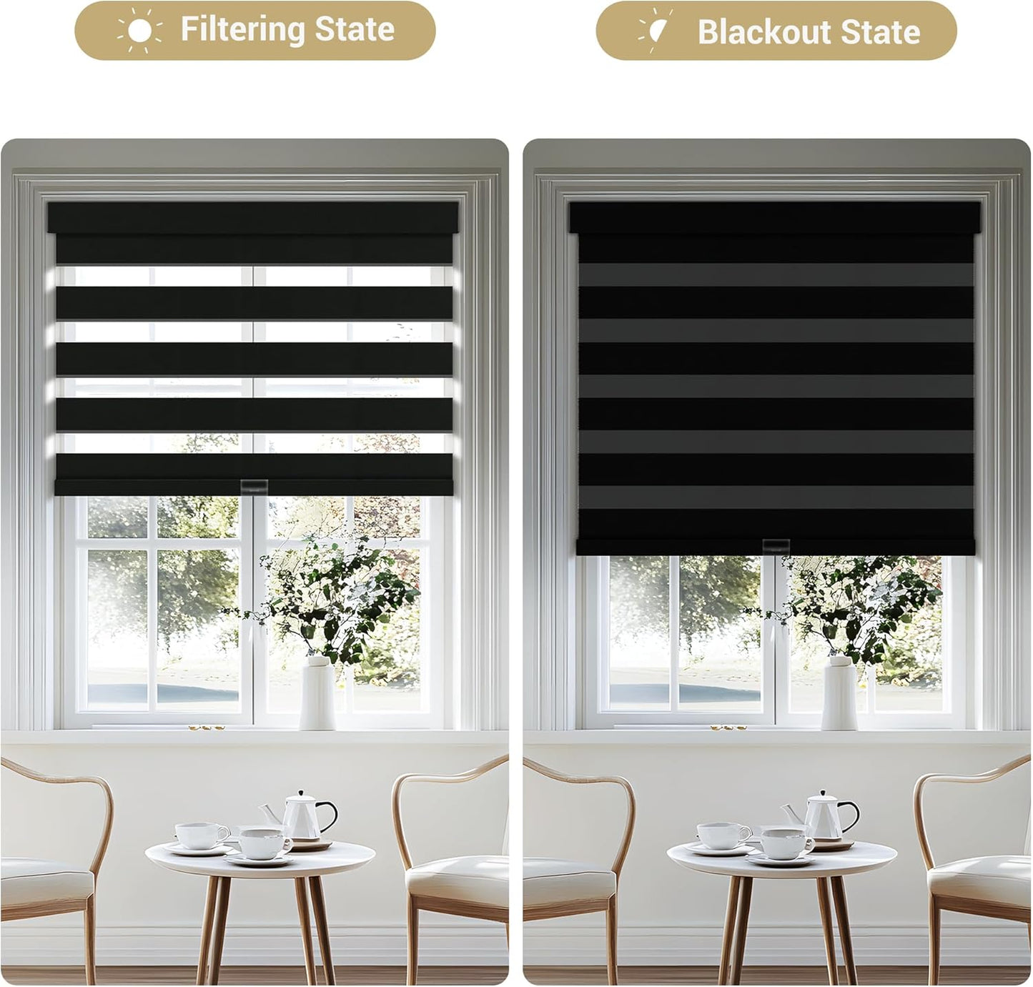 Cordless Zebra Blinds for Windows, Blackout Interior Blinds,Easy to Install,UV Protection,for Offices and Home,Custom Roller Shades, Solid Black, 76" W x 48" H