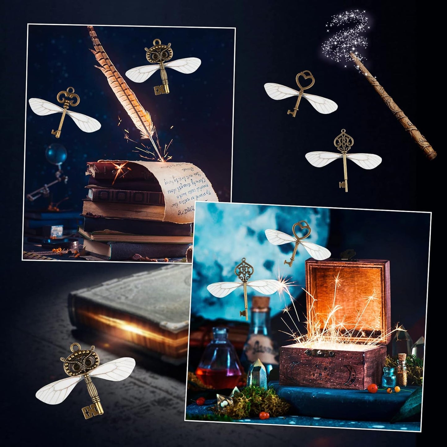 SANNIX 30 PCS Vintage Skeleton Keys Flying Keys with 30 Pairs Dragonfly Wings and 30 Yards Elastic String for Party Decorations