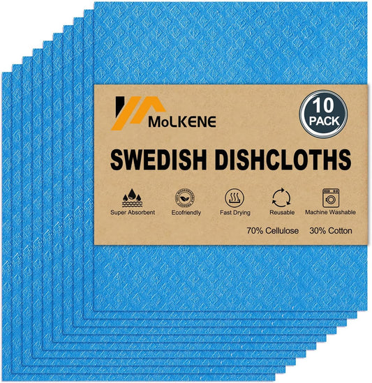 Swedish Dishcloths - 10 Pack Reusable Kitchen Dishcloths - Ultra Absorbent Dish Towels for Washing Dishes - Cellulose Sponge Cloth Cleaning Cloths - Blue