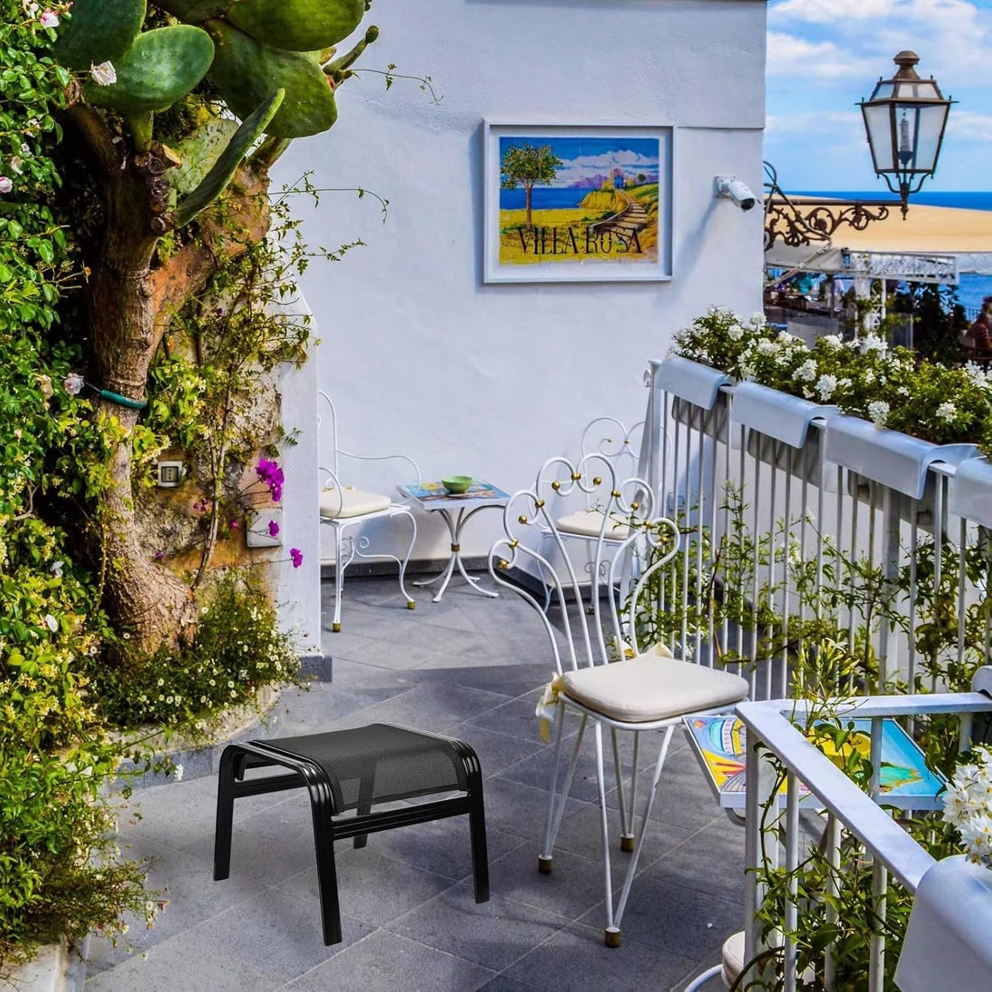 Patio Outdoor Ottoman Assembled Aluminum Footstools Small Seat Side Table Footrest for Balcony, Poolside 2 Set Black