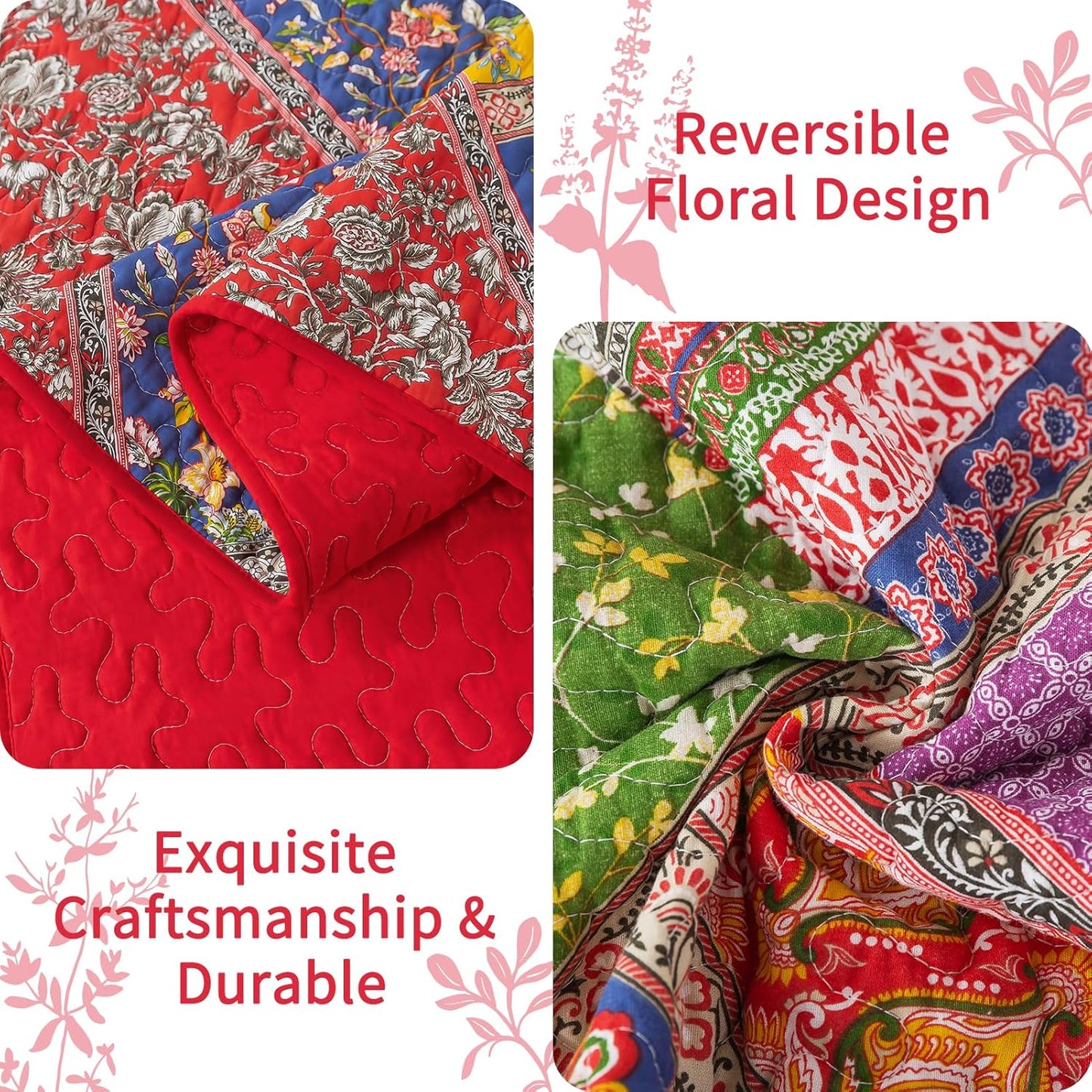 VAPUTAR Cotton Quilt King Size Set, Quilted Bedspread Coverlet (96 * 108 Inch) with 2 Pillowcovers, 3 Pieces Lightweight Farmhouse Style with Patchwork Design King Quilt Bedding Set for All Season.