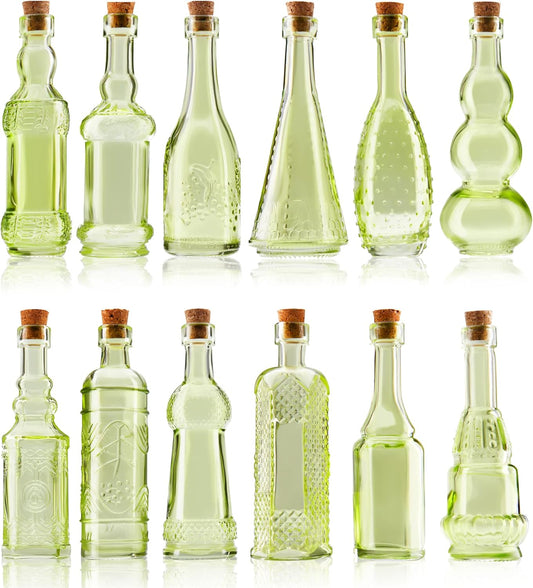 Small Mini Green Vintage Glass Bottles with Corks, Mini Vases, Decorative, Potion, Assorted Design Set of 12 pcs, 4.6 Inch Tall (11.43cm), 1.4 Inch Wide (3.56cm)