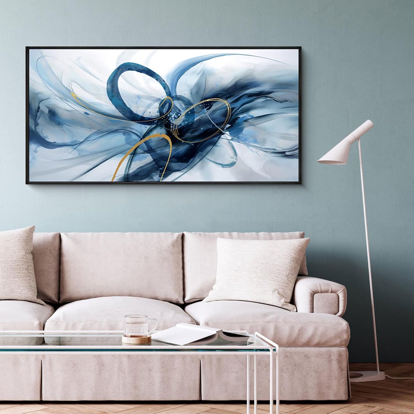 XLSJERST Frame Wall Art - Modern Abstract Canvas Wall Art Blue and White Picture Artwork for Office Bedroom Home Decoration